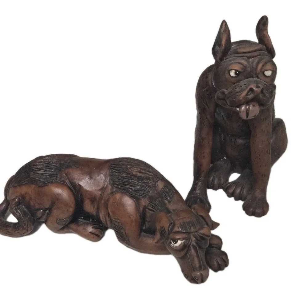 Lot Of 2 The Encore Group 2004 Carved Wood Dogs Hound & Boxer Mint Condition